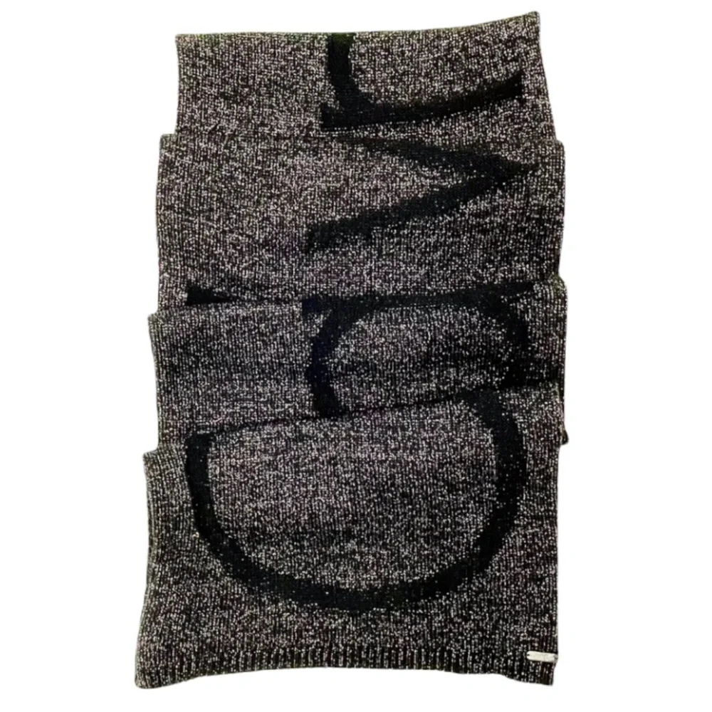 90’s Calvin Klein LOGO WOVEN scarf in black gold silver metallic knit embossed